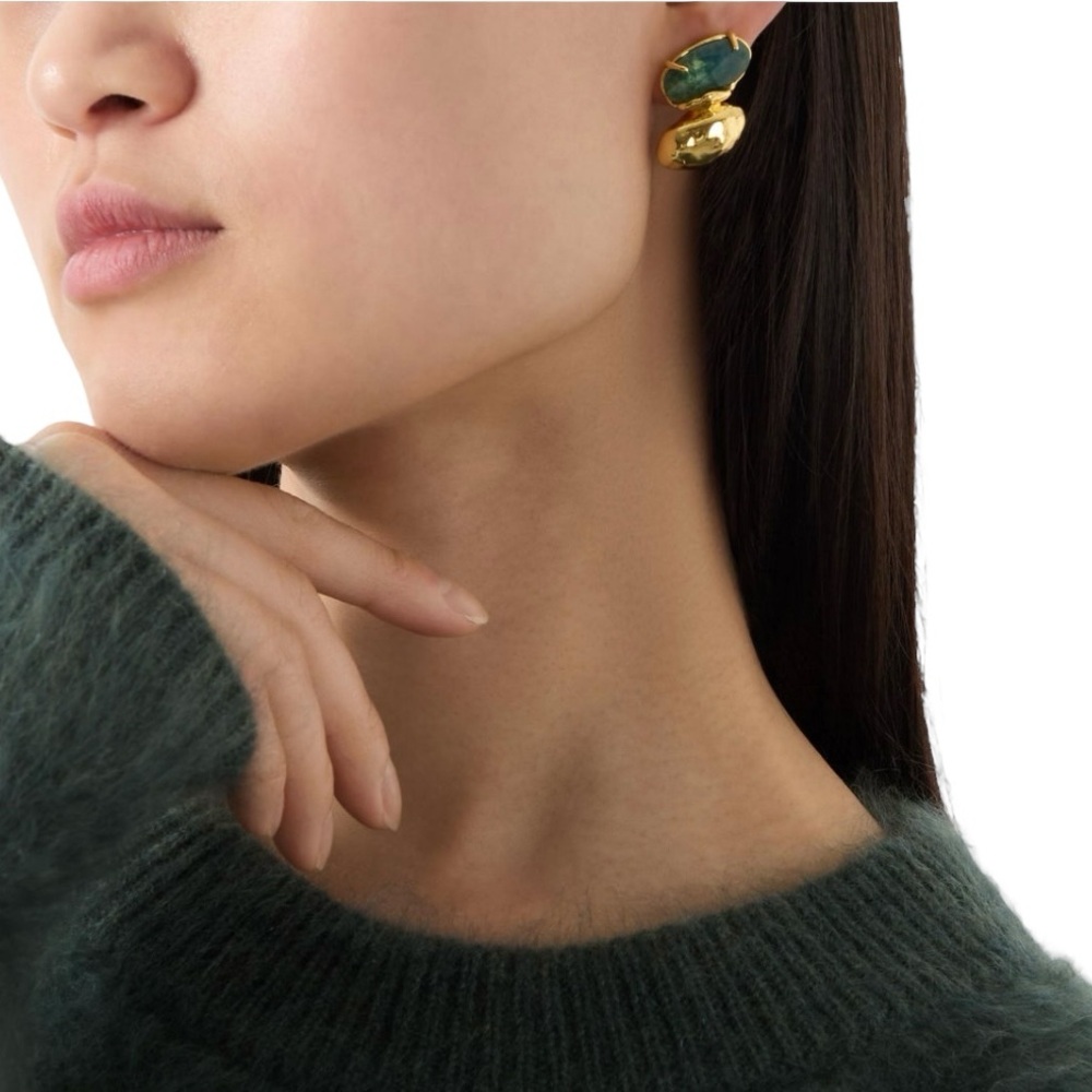 ALEXIS BITTAR Brut Blue Moss Agate Mismatch Earrings in Gold; Signed - NEW - Picture 4 of 7